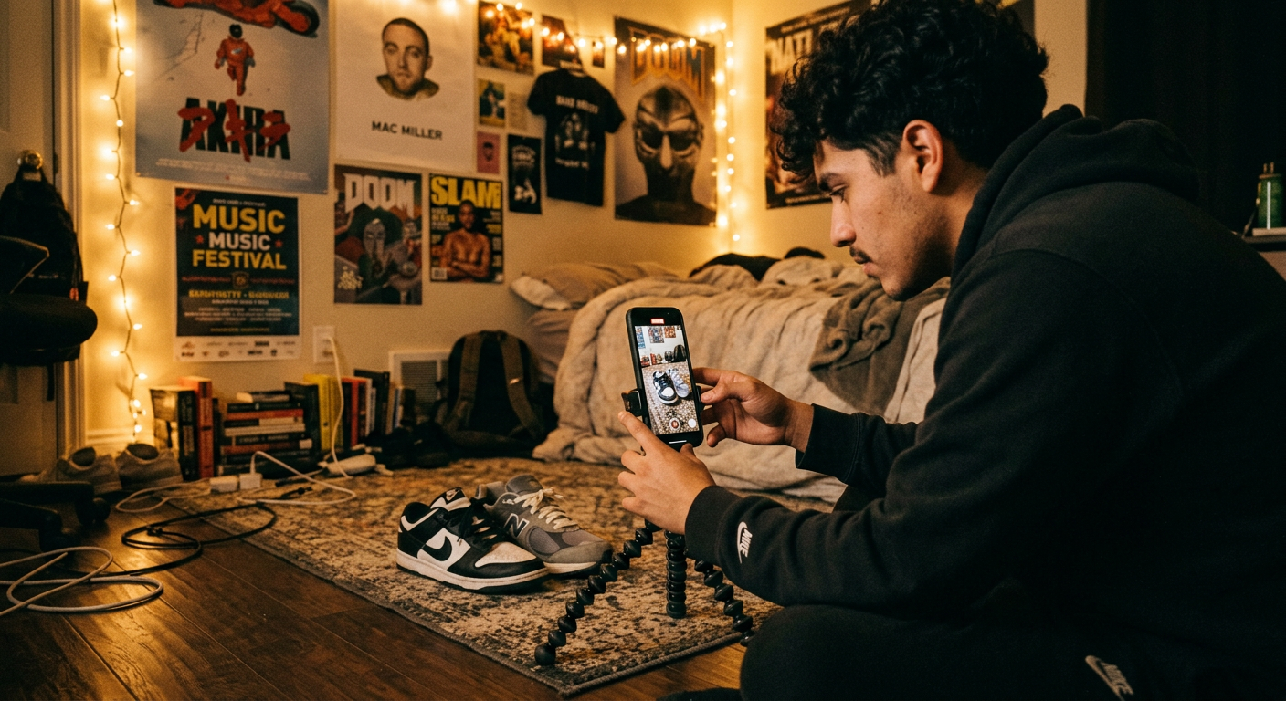 A creator recording a sneaker video on his phone