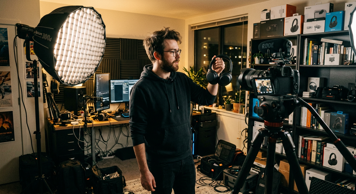 A creator filming a headphone review on a tripod camera