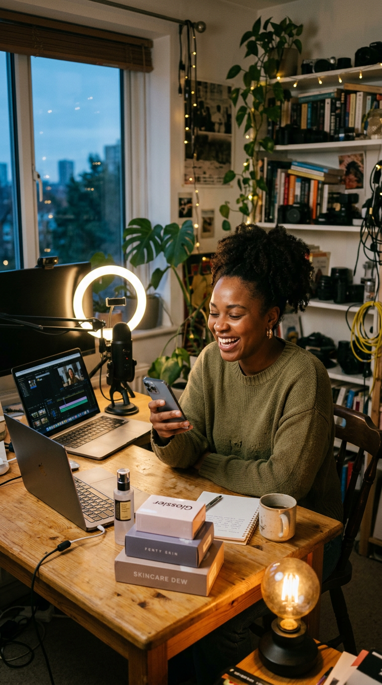 A creator laughing as she checks affiliate sales on her phone in her home studio