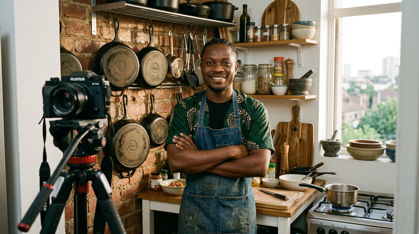Daniel, a cooking creator, standing in his home kitchen